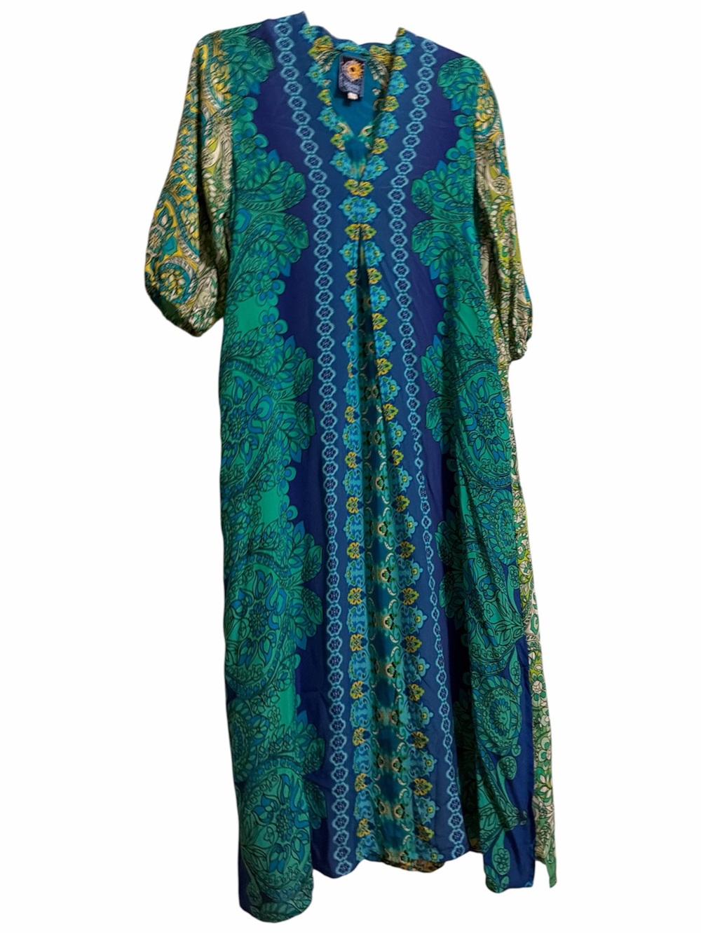 Johnny Was Diomedes Silk Paisley Pattern Blue Green Maxi Kaftan Dress Size L